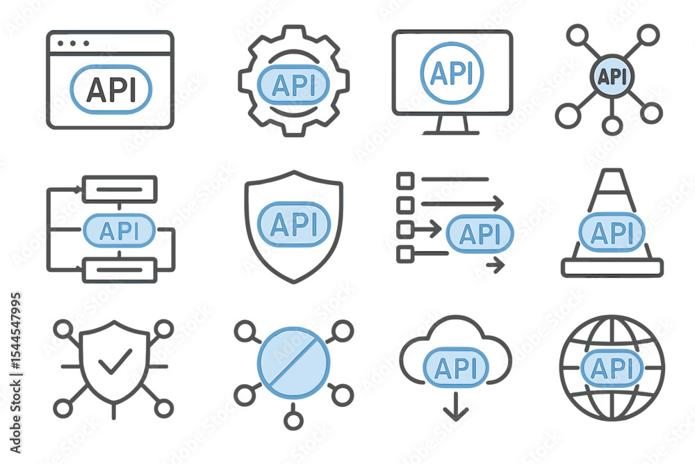 Poster api integration icons with networking and security symbols