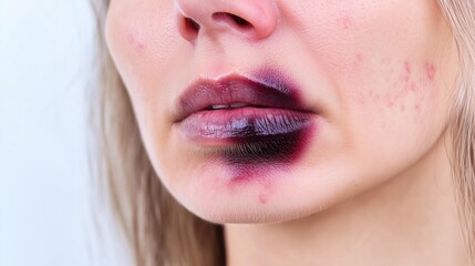 Naklejka premium Wiped off lipstick. Peach fuzz on a young blonde person's chin. Beauty clinic advertising. Blueberry lipstick. Smudged purple paint on her lips