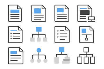 Abstract digital document icons with hierarchical structures on dark background