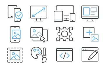 Digital interface icons for web development and design with glowing blue elements