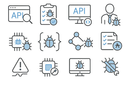 Software debugging icons with computer and bug symbols in modern style