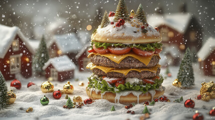 Naklejka premium Gigantic double cheeseburger with festive ornaments sits in snowy village landscape during a winter snowfall