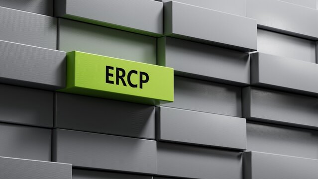 metal blocks with the word ercp. Care concept.close up of metal blocks,Business Concept.3D rendering on green background.