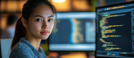 Woman focused on coding at night