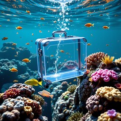 an underwater scene featuring a large, transparent case floating in the middle of the frame