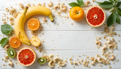 Fresh Summer Fruits and Superfoods on White Wooden Background