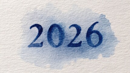 The year 2026 hand-painted in blue watercolor on textured paper