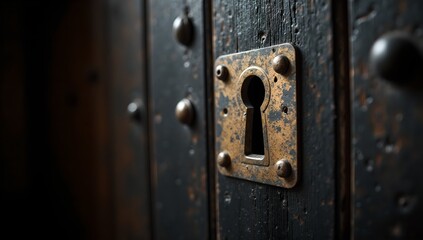 Fototapeta premium Old rusty keyhole on a dark weathered wooden door surface