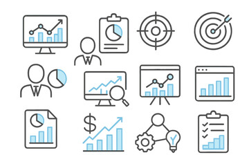 Data analysis icons with graphs and charts on gray background