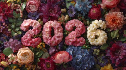 The year 2026 created from colorful blossoms on a lush, artistic floral background