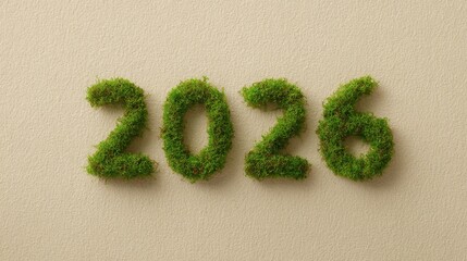 The year 2026 made of green moss, symbolizing sustainability and eco-friendly goals