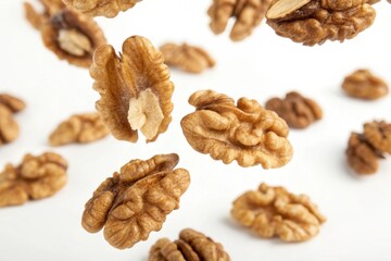 Floating Walnuts: Delicious, Nutritious, and Perfect for Recipes, Baking, and Healthy Eating Isolate on white background