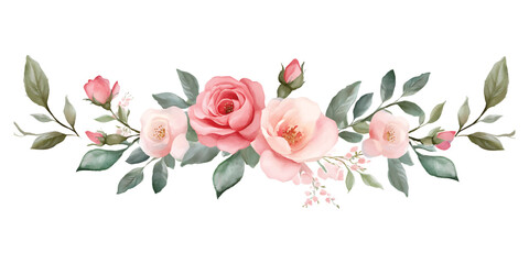 Watercolor floral border with pink roses and green leaves on transparent background vector