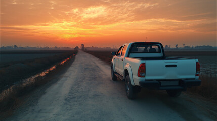 Fototapeta premium White pickup truck on a quiet rural road at dusk, bathed in golden light, evoking a serene countryside moment.