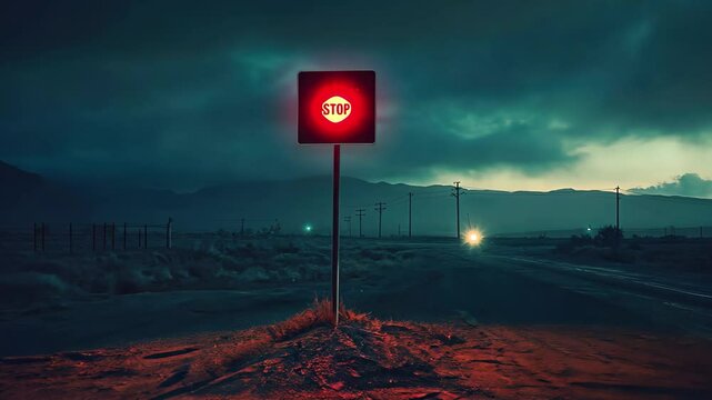 Bright red area sign illuminated in the dark night under cloudy skies near a desolate road, Area 51 Sign Wiped Off In The Dark
