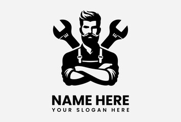 A stylized illustration of a mechanic with crossed arms and wrenches.