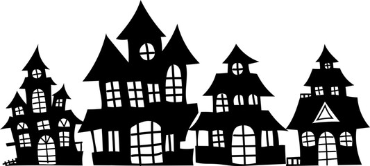 Halloween silhouette houses with sharp peaks and glowing windows