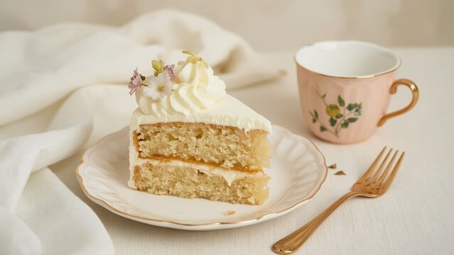 A slice of fluffy lemon layer cake with cream cheese frosting, garnished with edible flowers, on a pastel ceramic plate beside a cup of tea and gold fork. - Powered by Adobe