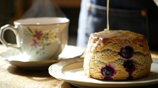 Glazed Blueberry Scone With Tea Cup