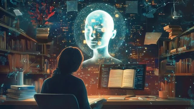 The Digital Muse: A Woman finds inspiration in a holographic projection of knowledge.