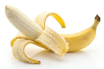 Ripe Banana:  A Vibrant, Close-Up Photo of a Partially Peeled Banana on White Background Isolate on white background