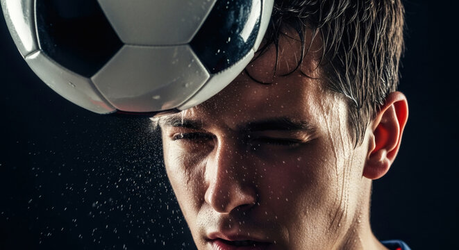 Focused male athlete powerfully heading a soccer ball, water droplets highlighting the intense athletic moment, showcasing dedication, precision, and peak performance in sport.