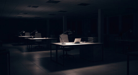 Quiet and dark office interior at night, featuring empty desks illuminated by soft lamps. A serene scene depicting solitude, late work, or stillness after business hours.