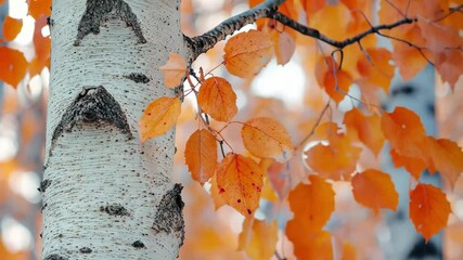 Vibrant autumn leaves contrast against striking white bark in a serene landscape, white bark and orange leaves when autumn video background Seamless ing quality - Powered by Adobe