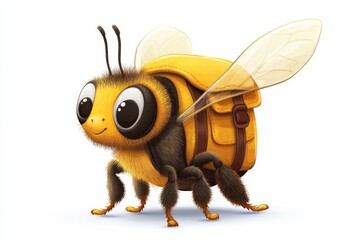 Obraz premium Whimsical bee with a backpack embarks on a sweet adventure in vibrant digital on white background. Generative Ai