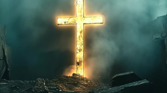 Glowing cross stands as a symbol of hope in a desolate dystopian landscape, The glowing cross, last hope in a dystopian world, stark and powerful video