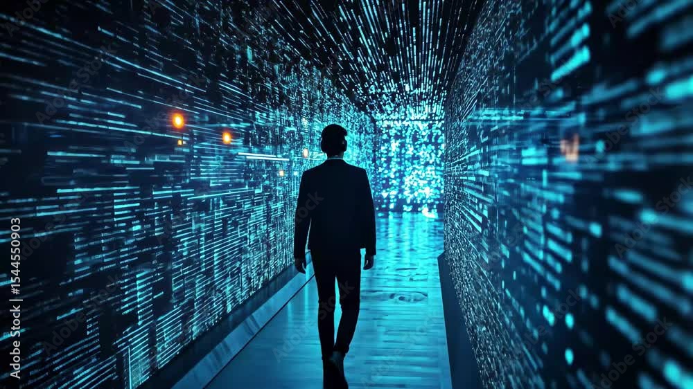 Poster exploring a digital corridor filled with blue holographic data streams in a futuristic environment, 