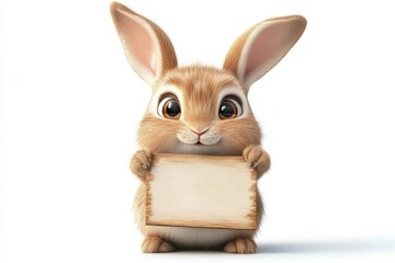 Adorable fluffy bunny holding a blank sign inviting your message with a white on white background. Generative Ai