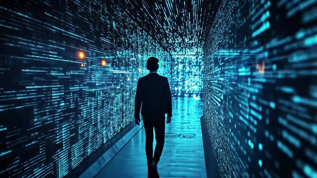 Exploring a digital corridor filled with blue holographic data streams in a futuristic environment, Blue hexadecimal big data digital code