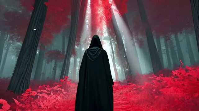 Exploring a mysterious red forest with dark trees under an eerie atmosphere, Walking In Creepy Red Forest With Dark Trees