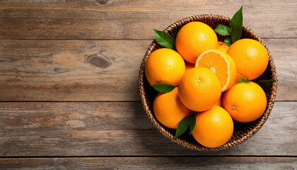 Wicker bowl with ripe oranges on wooden background, top view There are oranges placed nicely in the space for text
