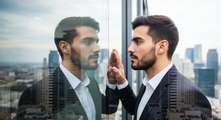 Thoughtful young professional man reflecting on his aspirations, touching a high-rise window with his mirrored image against a modern city skyline.