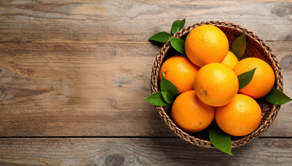 Wicker bowl with ripe oranges on wooden background, top view There are oranges placed nicely in the space for text
