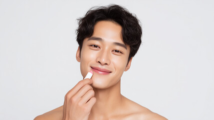 リップクリームでケアする健康的な男性の美肌 | 透明感のある肌