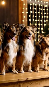 Four collie-type dogs sitting closely together with happy expressions on wooden table in room illuminated by hanging lights with muted rustic tones.