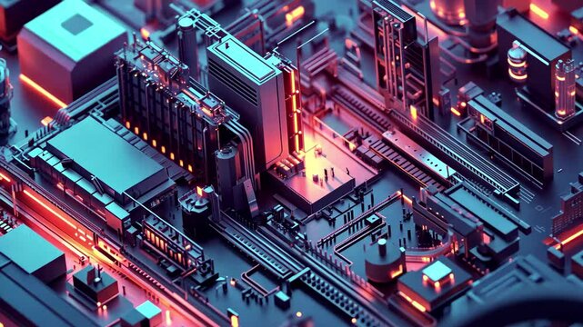 Isometric machine code visualization depicting an industrial landscape with vibrant lighting, Isometric machine code 3D