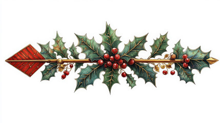 Fototapeta premium Ornate arrow made of wood features holly leaves and berries in an elegant manner