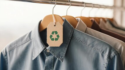 Sustainable fashion concept shirts on hangers with a recycle tag - Powered by Adobe