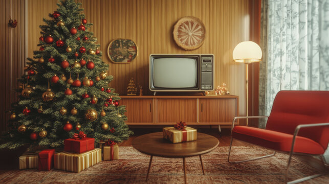 Retro living room shows gifts near Christmas tree and vintage television set