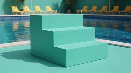 Minimalist aqua blue geometric podium displaying poolside vacation relaxation scene