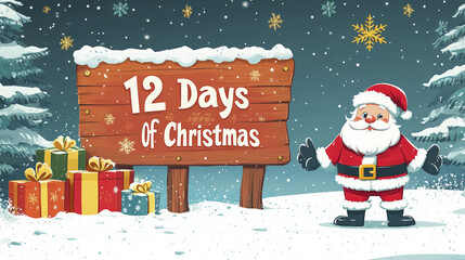 Santa stands beside a sign reading twelve days of Christmas with presents and snow