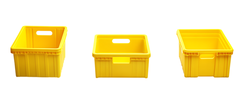 Pack Collection Yellow Plastic Storage Bins Sizes  Options set against transparent background