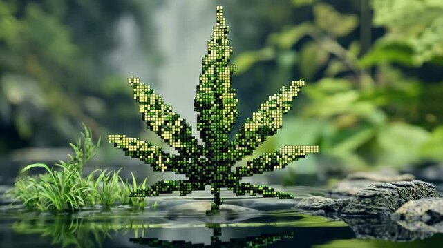 Pixelated cannabis leaf in a serene natural setting with water reflections and greenery, Cannabis Marijuana Leaf made of pixels
