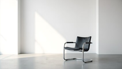 Modern black chair in bright minimalist room with sunlight and shadows