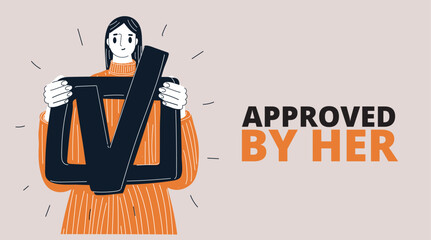 Vector illustration of a woman holding a checked checkbox, symbolizing confidence, achievement, and personal success