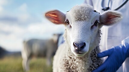 Obraz premium Close-up of a fluffy sheep with a veterinarian in the background, showcasing care and compassion.